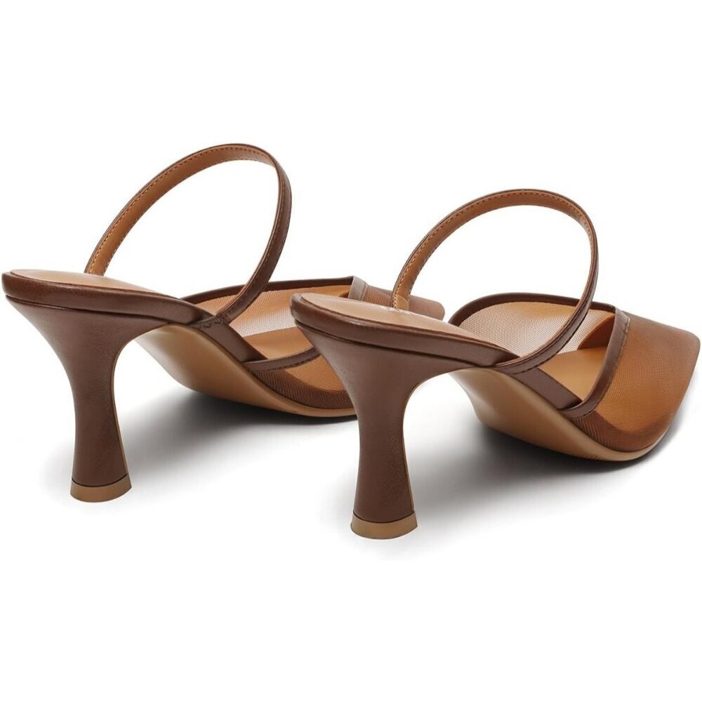 Women's Mesh Mule Brown Heels with Memory Foam Insole Pointy Toe Arch Support - Picture 3 of 4